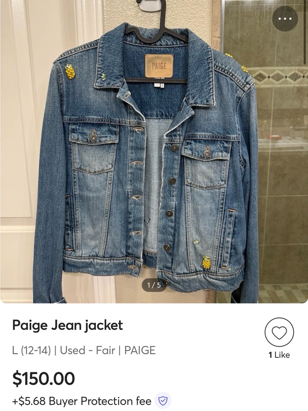 PAIGE Blue Denim Jacket with Yellow Pineapple Embroidery